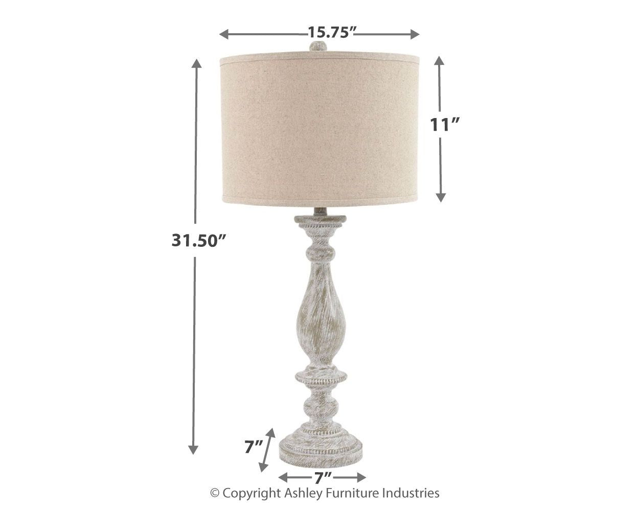 Poly table lamp diagram with dimensions and beige fabric drum shade