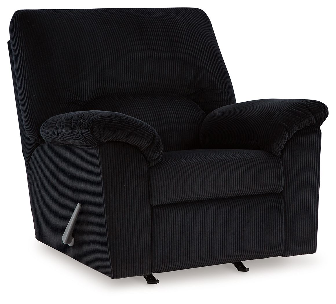 Onyx black striped rocker recliner chair with padded arms, cushioned seat, and pull handle