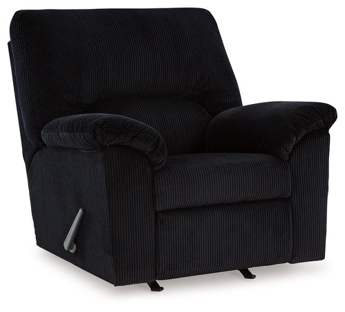 Onyx black striped rocker recliner chair with padded arms, cushioned seat, and pull handle