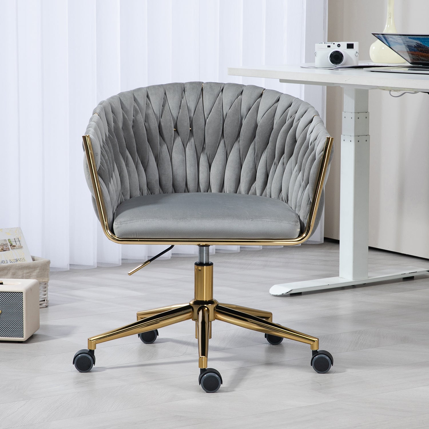 Modern Hand-Woven Office Chair with Wheels- Gray