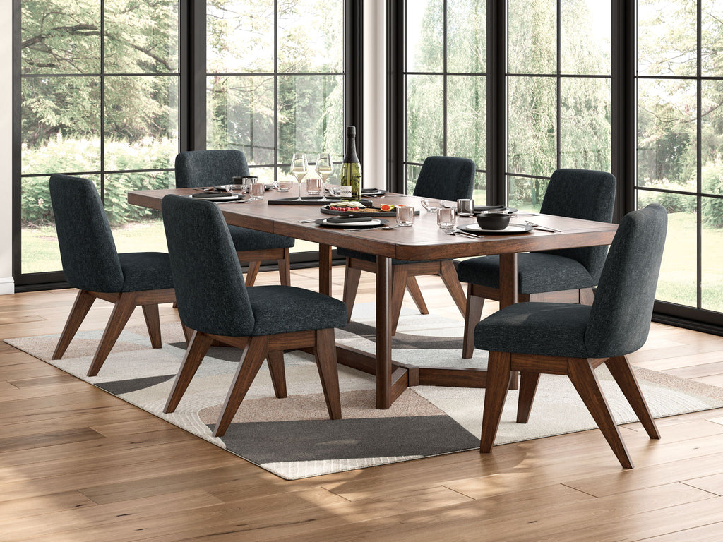 Dining table set in dark brown with six dark gray upholstered chairs and rug