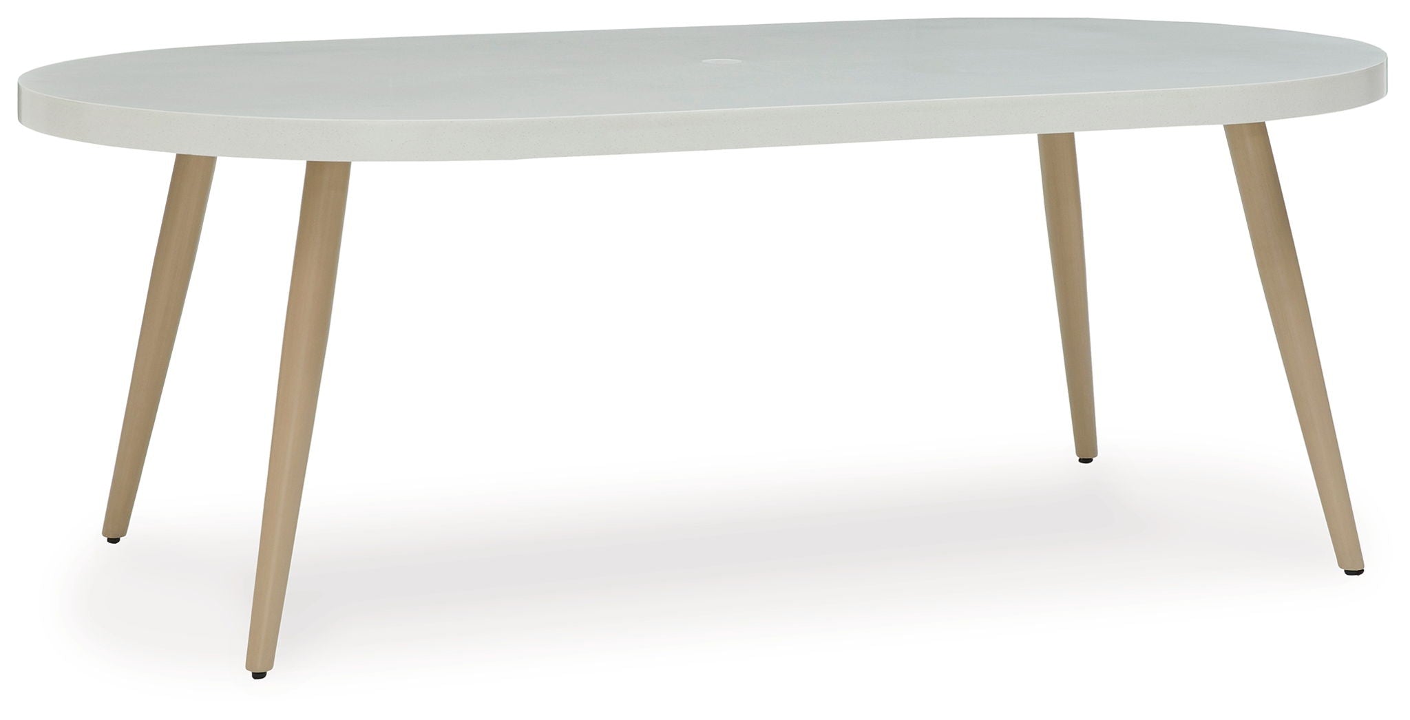 Dining table with light gray round top and light wood legs