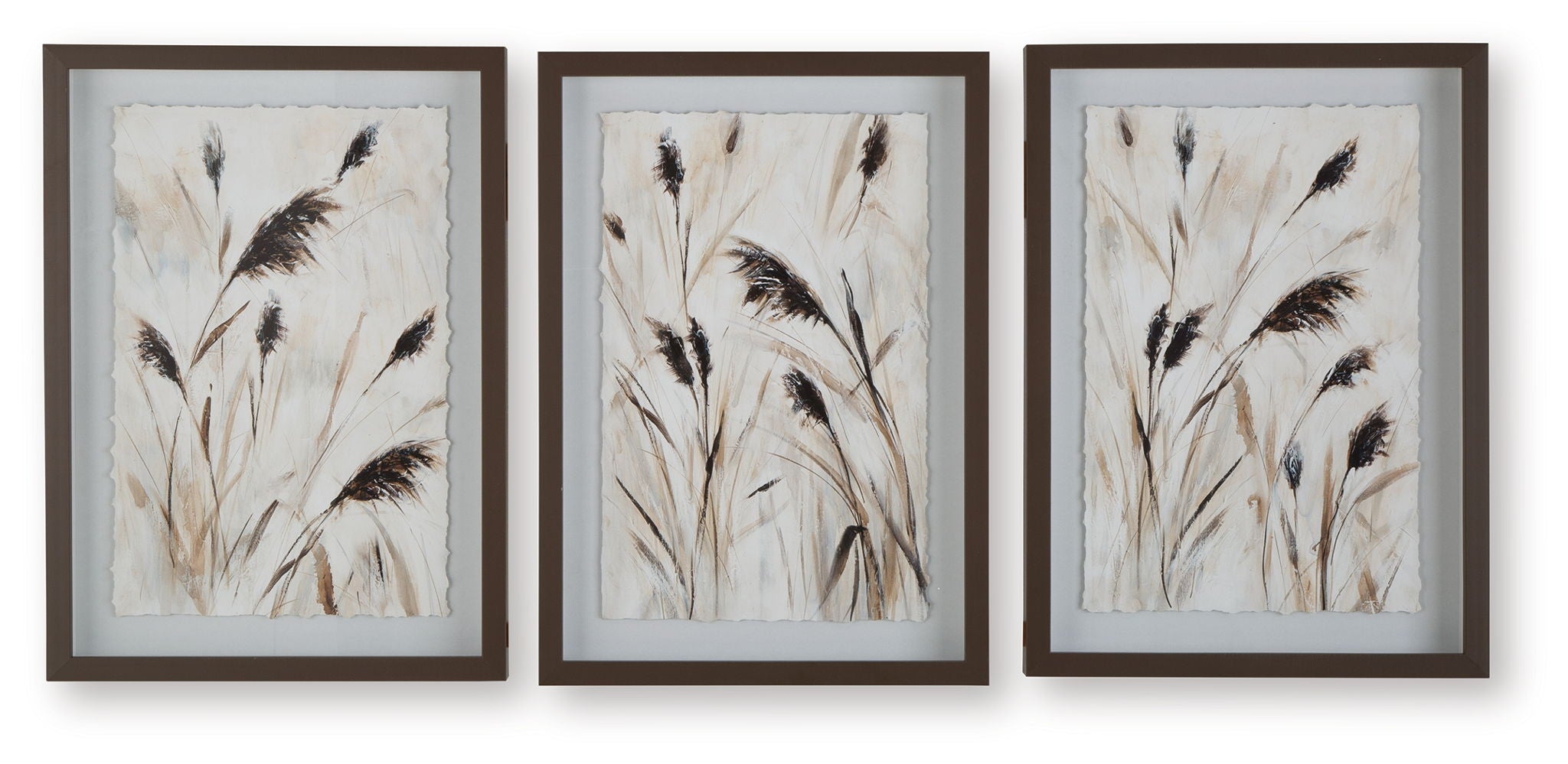 Set of 3 framed feather wall art prints, beige and dark brown on light background