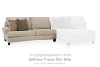 Left-arm facing sectional sofa piece in light beige with two cushions, square arms, and throw pillows