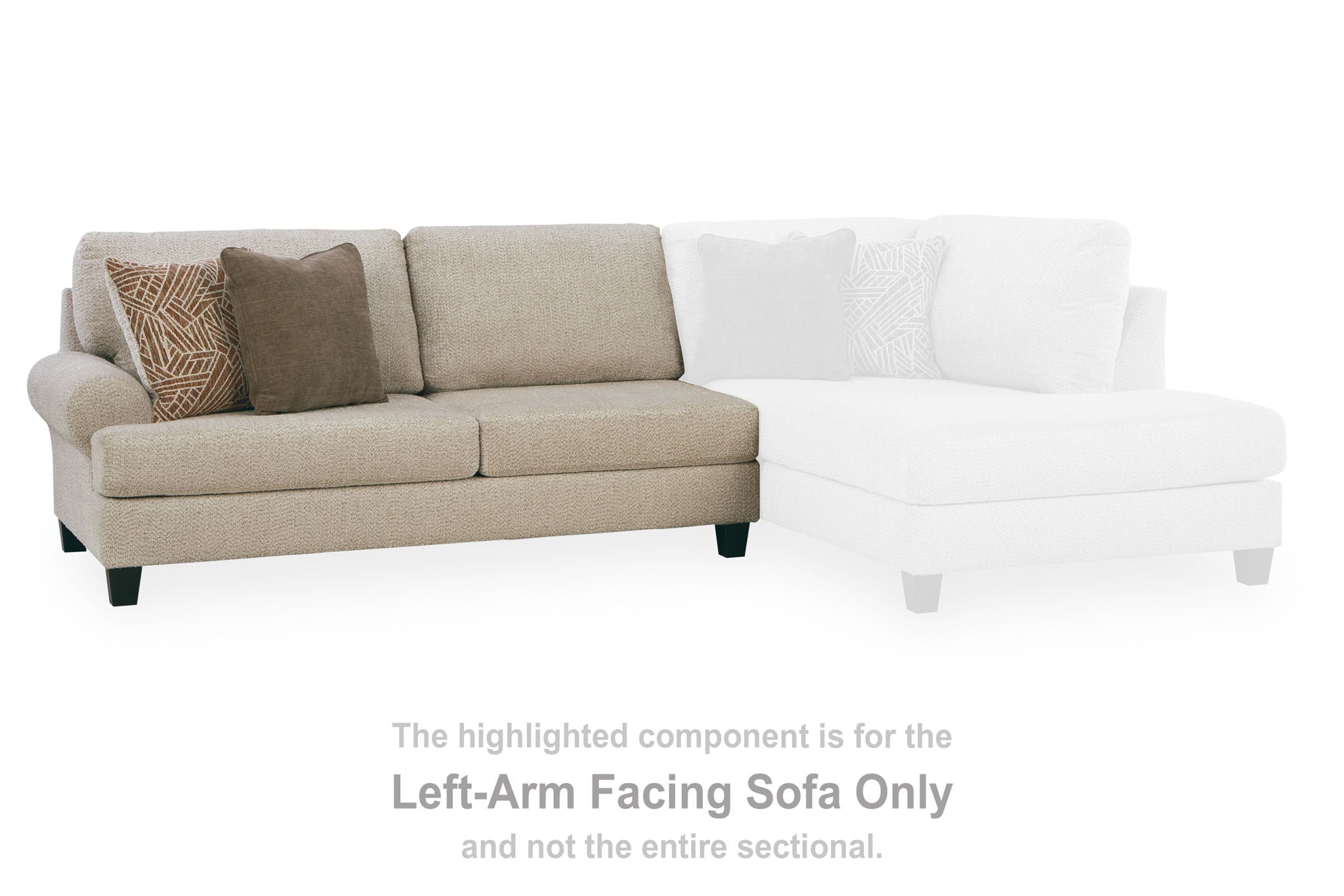 Left-arm facing sectional sofa piece in light beige with two cushions, square arms, and throw pillows