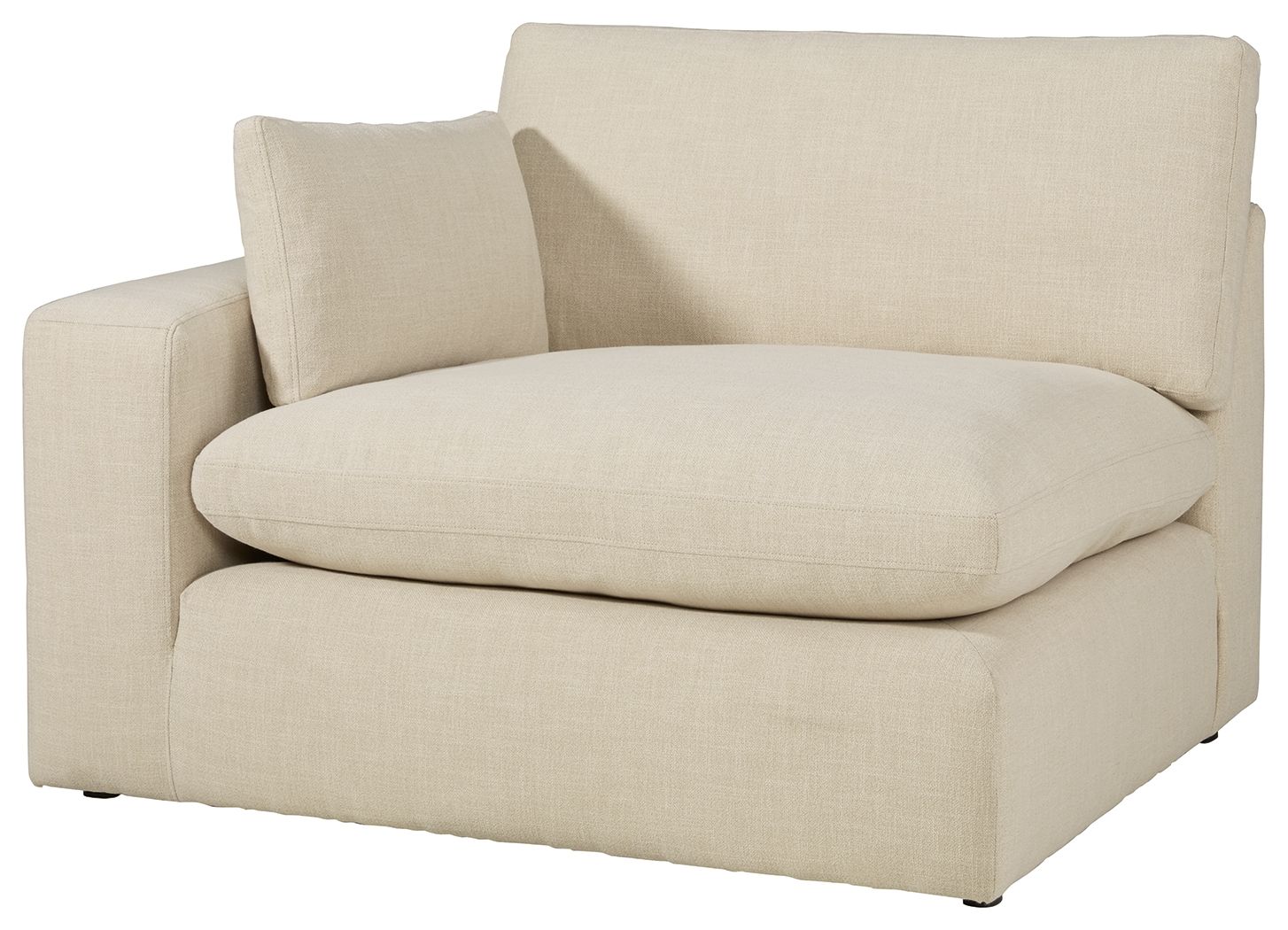 Linen corner chair with left-facing armrests, light beige upholstery and boxy seat