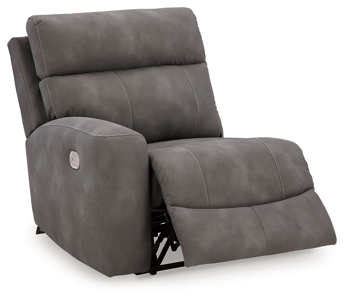 Slate gray power recliner chair with extended footrest, padded arms, and back panel