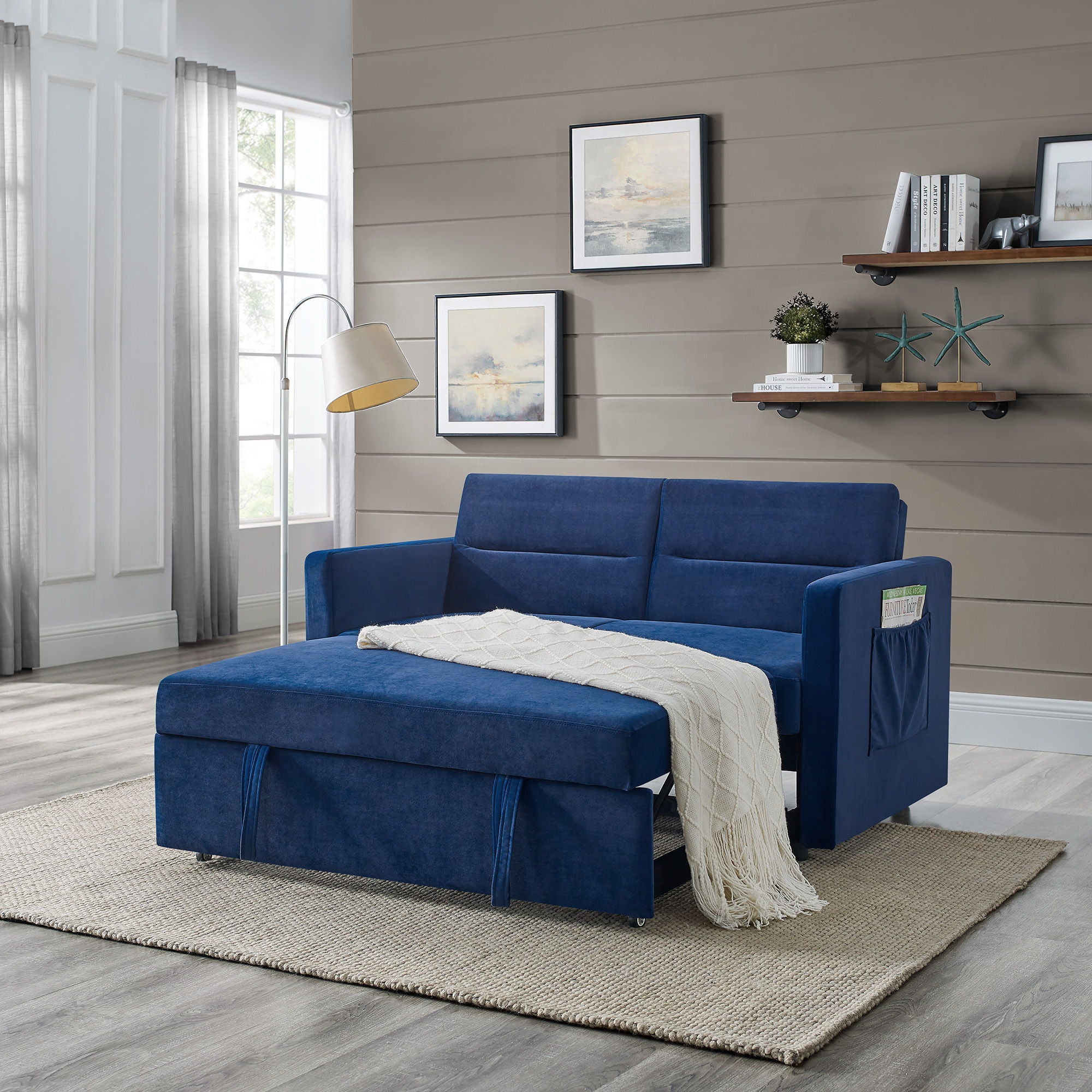 Loveseats Sofa Bed With Pull - Out Bed Adjsutable Back And Two Arm Pocket - Blue
