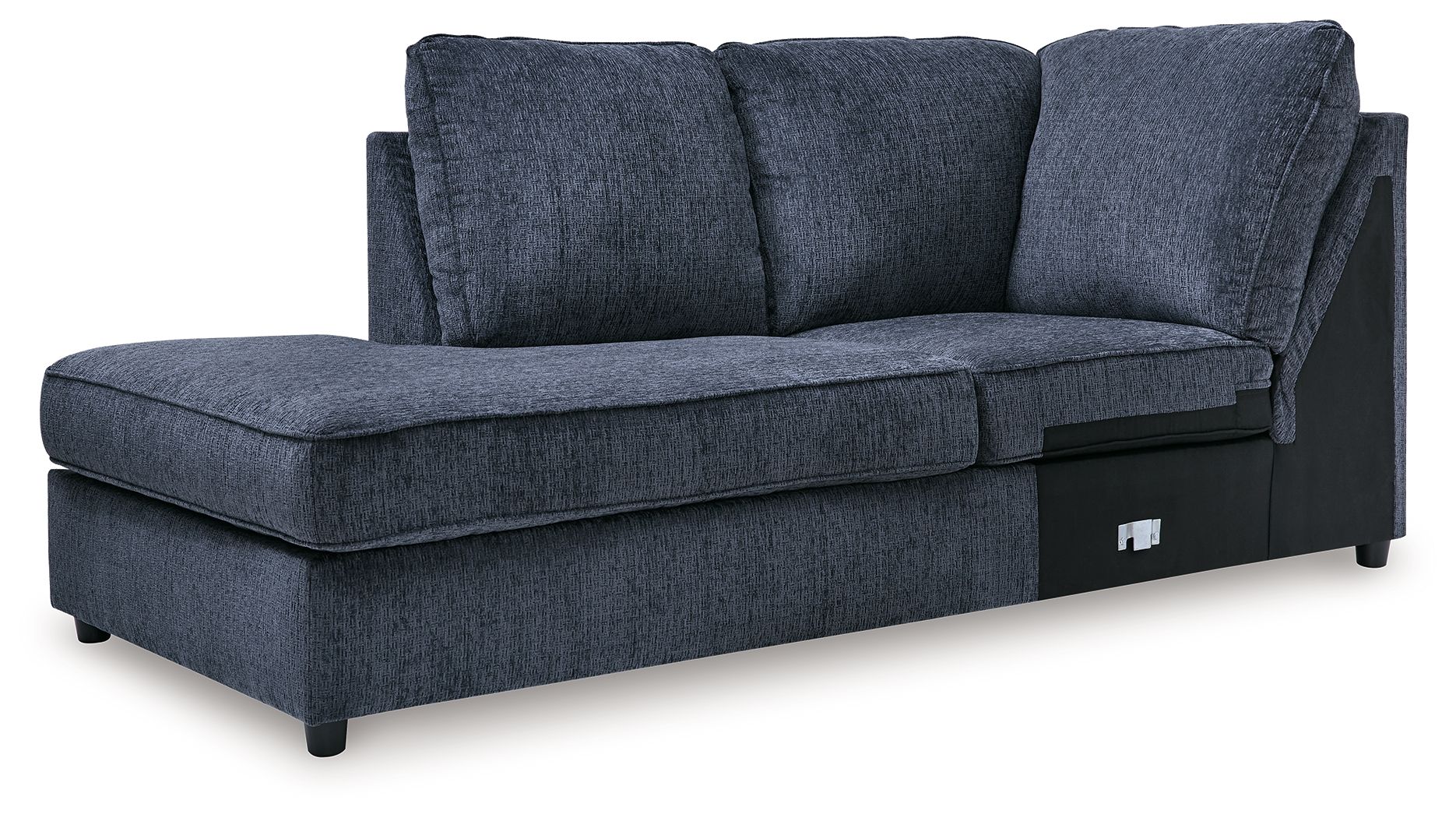 Cobalt blue corner chaise sofa with two back cushions and wide armrests, dark base