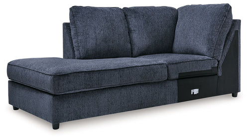 Cobalt blue corner chaise sofa with two back cushions and wide armrests, dark base