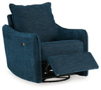 Navy swivel power recliner with extended footrest and padded armrests