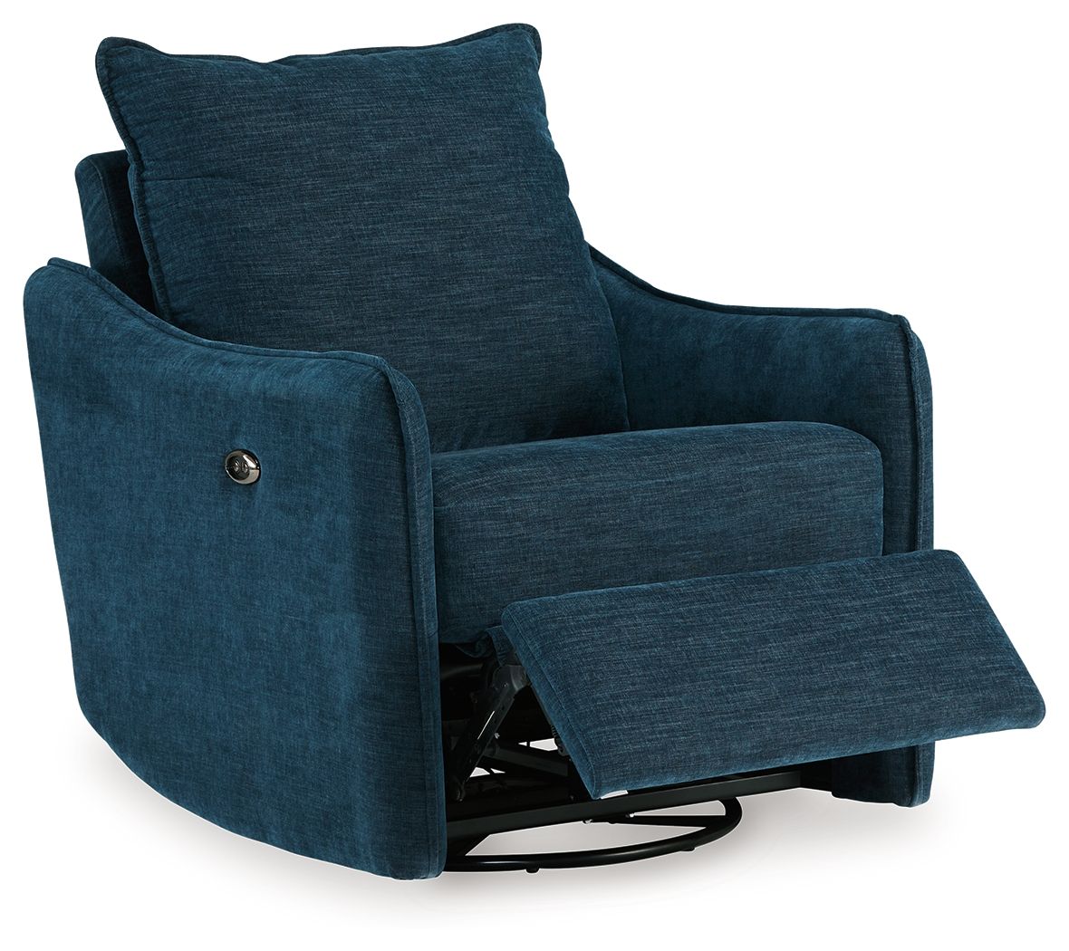 Navy swivel power recliner with extended footrest and padded armrests