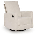 Swivel glider recliner in light canvas with high back and round button on arm