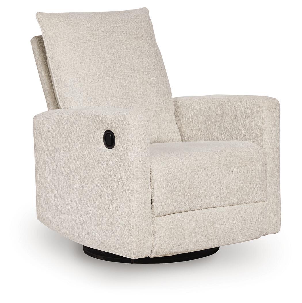 Swivel glider recliner in light canvas with high back and round button on arm