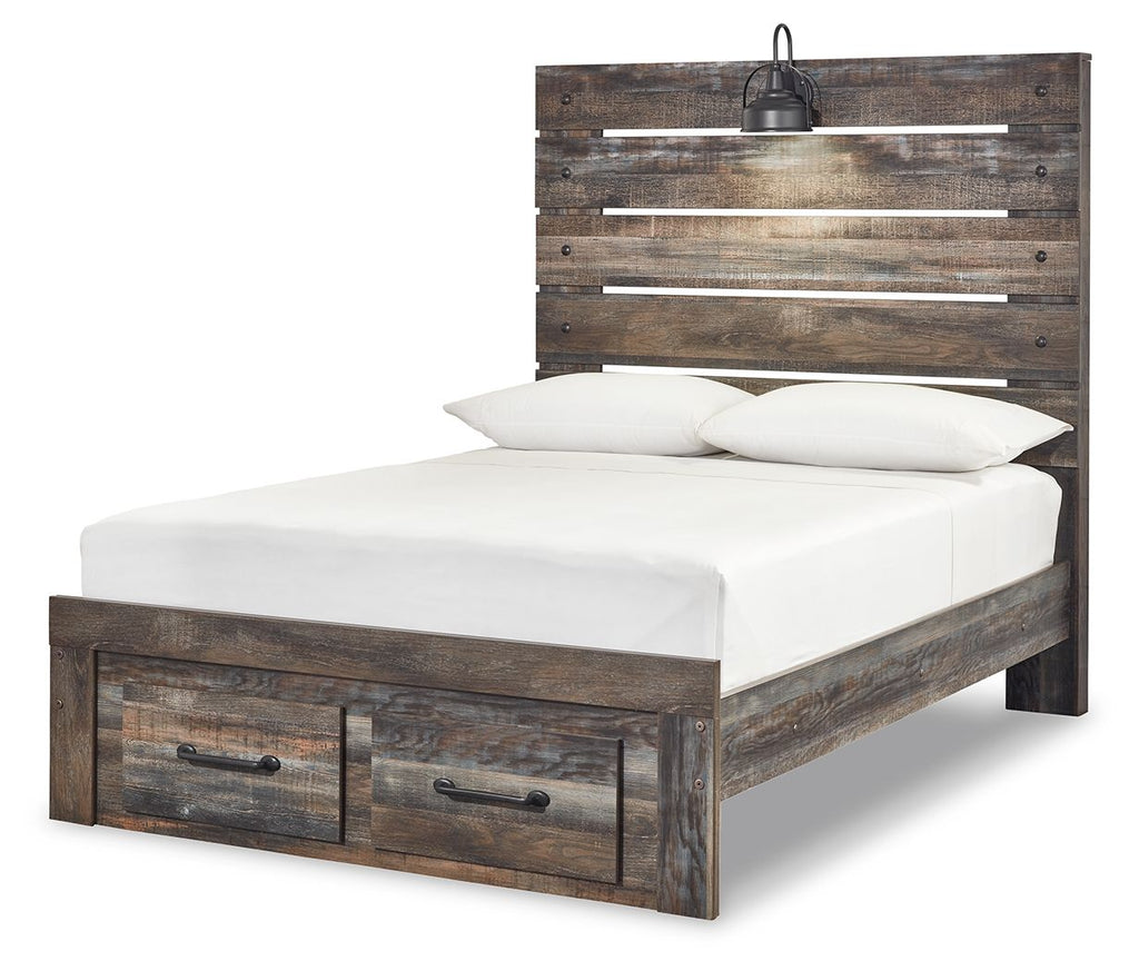 Panel bed with dark wood frame, panel headboard, and two front drawers; white mattress