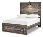 Panel bed with dark wood frame, panel headboard, and two front drawers; white mattress