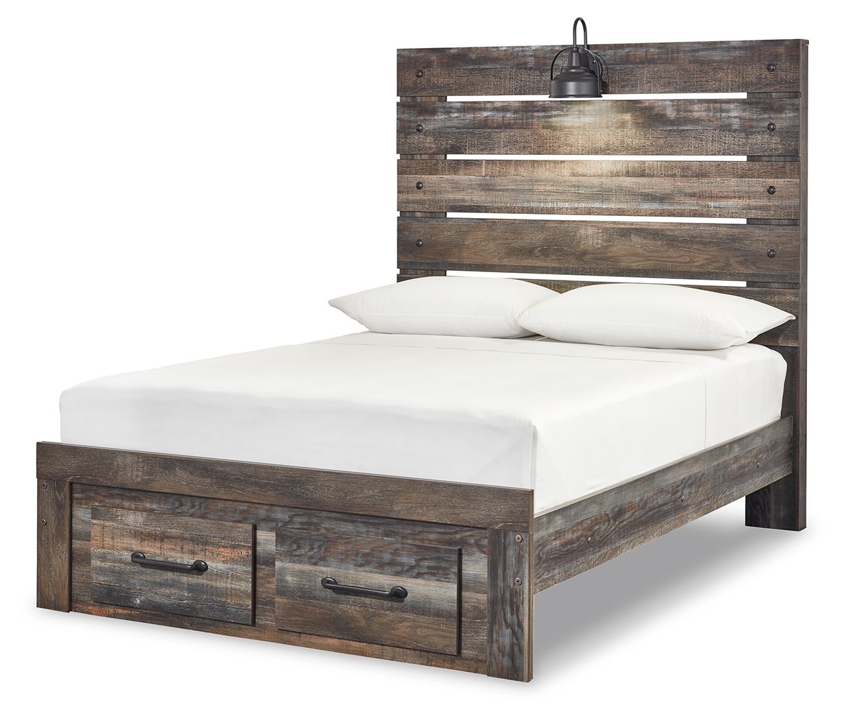 Panel bed with dark wood frame, panel headboard, and two front drawers; white mattress