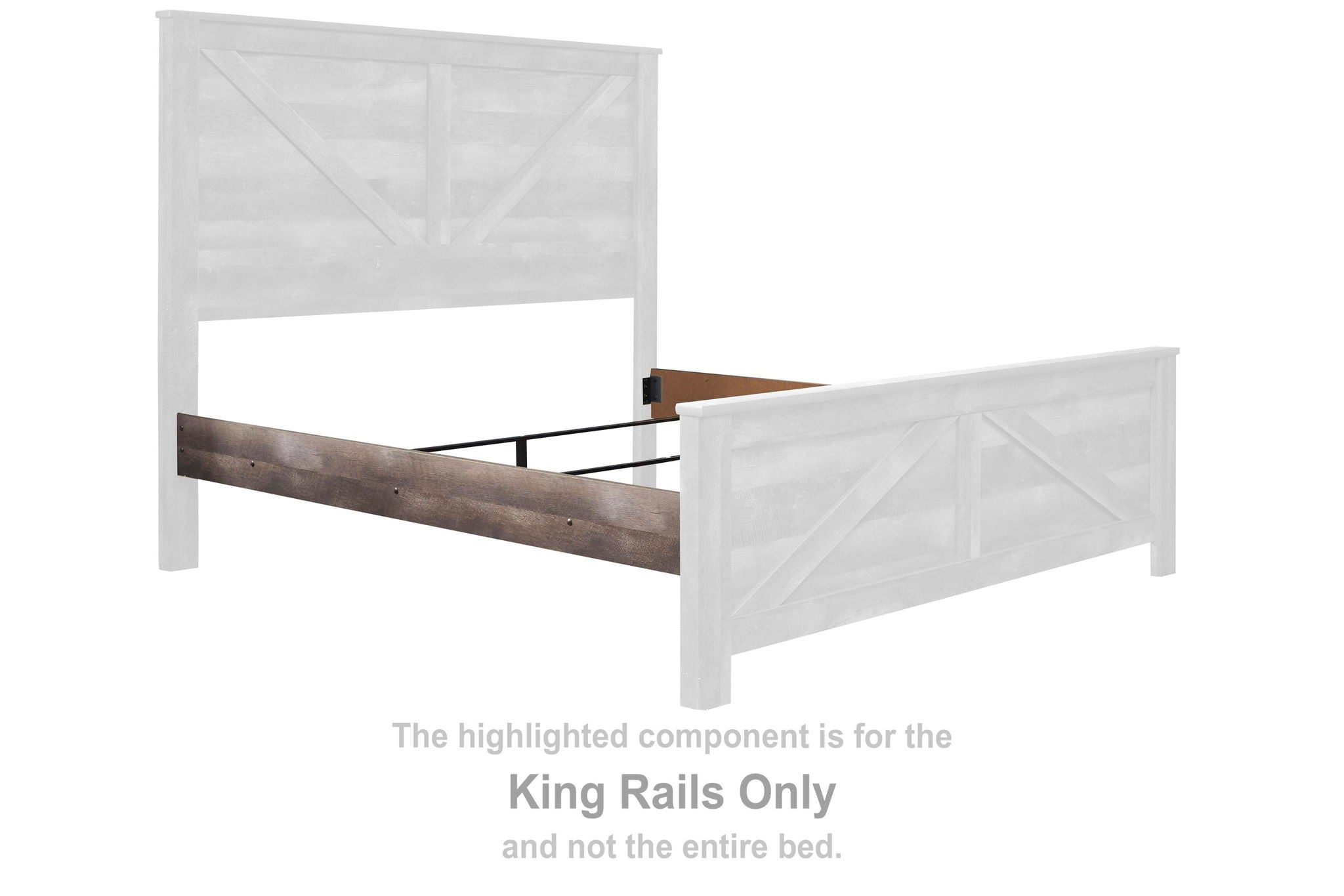 Gray king bed poster rails with crossbuck design, shown as separate frame panels