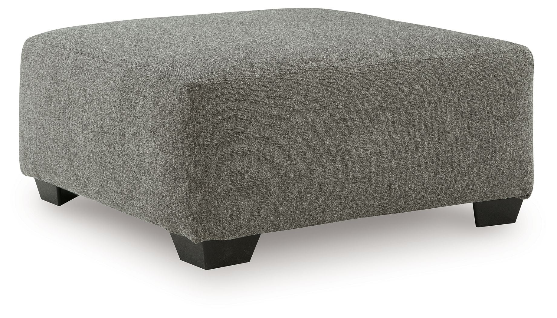 Oversized heathered gray ottoman with dark wooden legs and padded top