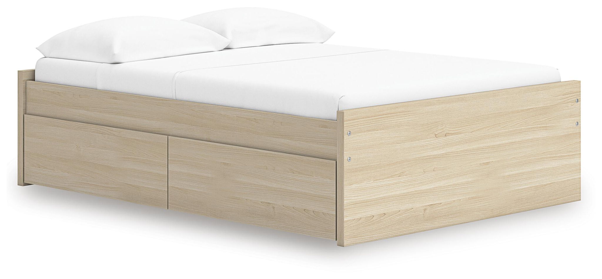 Light brown platform bed with upholstered headboard and two front storage drawers