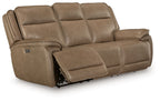 Power reclining sofa with adjustable headrests in taupe leather-look upholstery