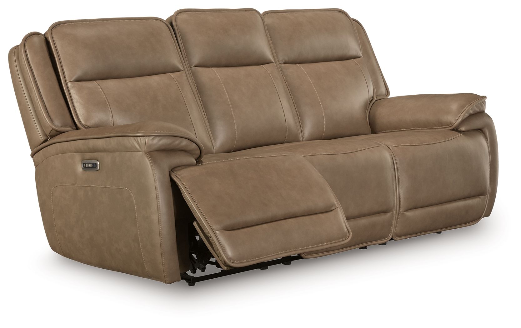 Power reclining sofa with adjustable headrests in taupe leather-look upholstery