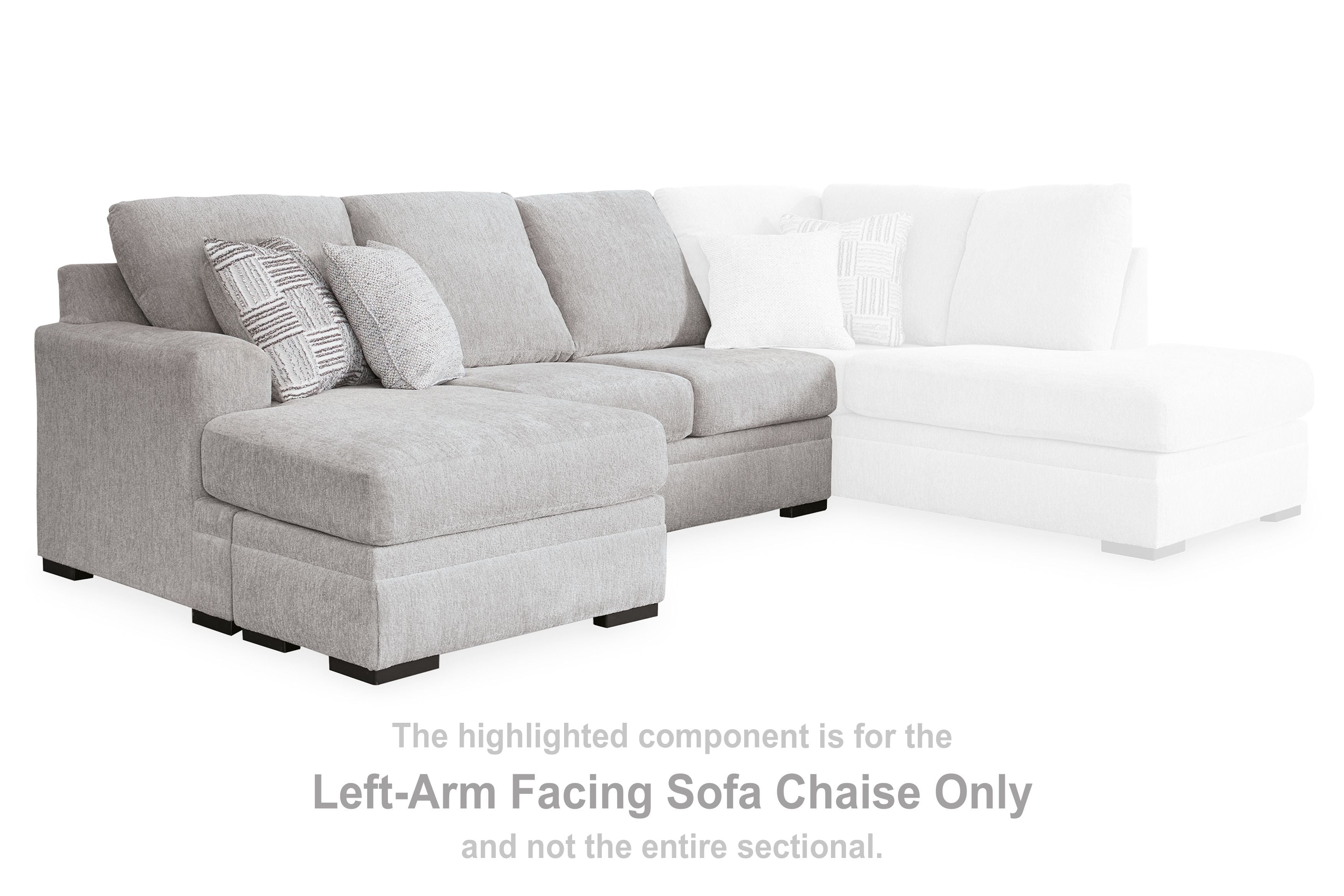 Left-arm facing light gray fabric sofa chaise with chaise ottoman and back cushions