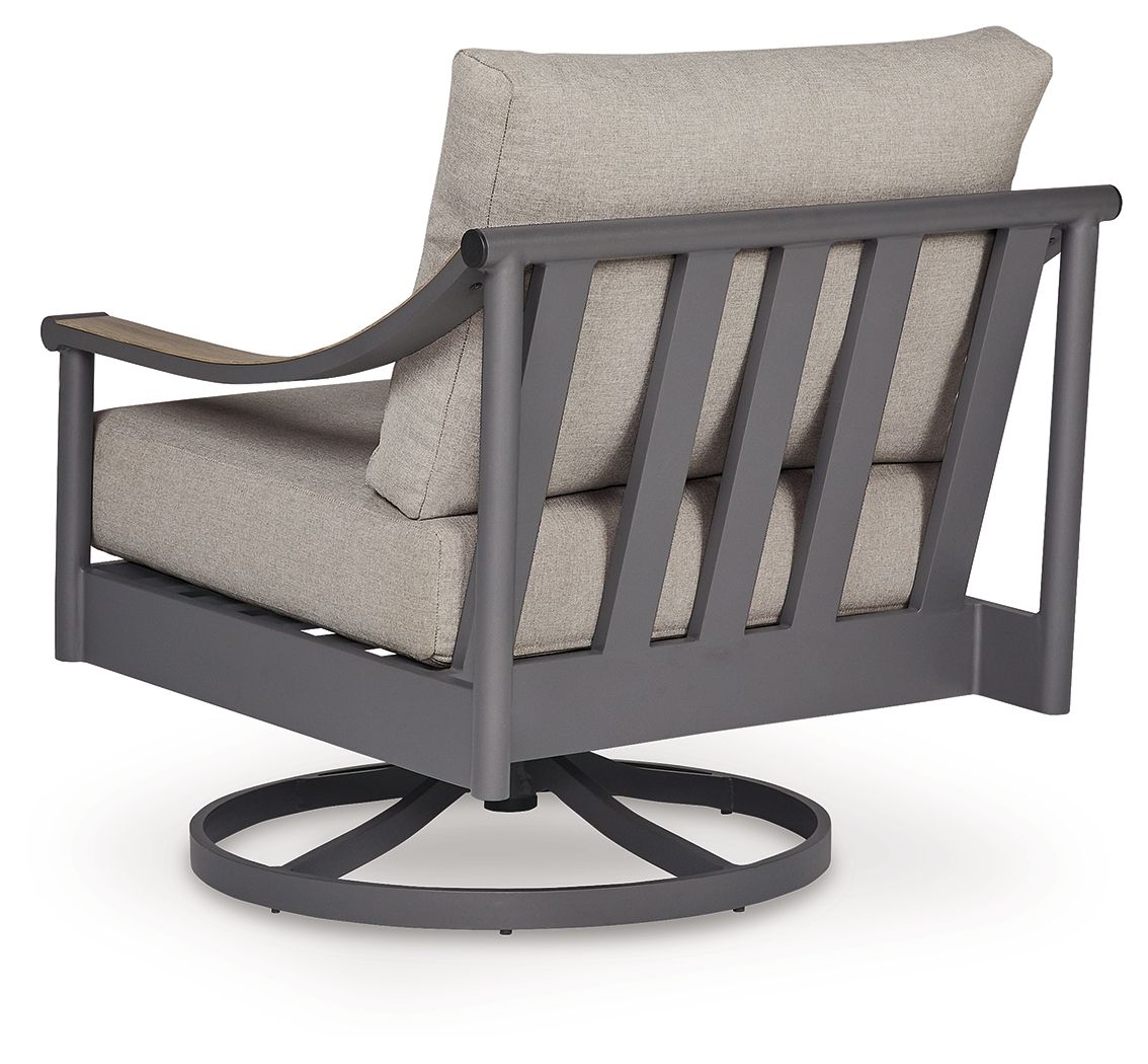 Gray swivel lounge chair with cushion, slatted back detail, round swivel base