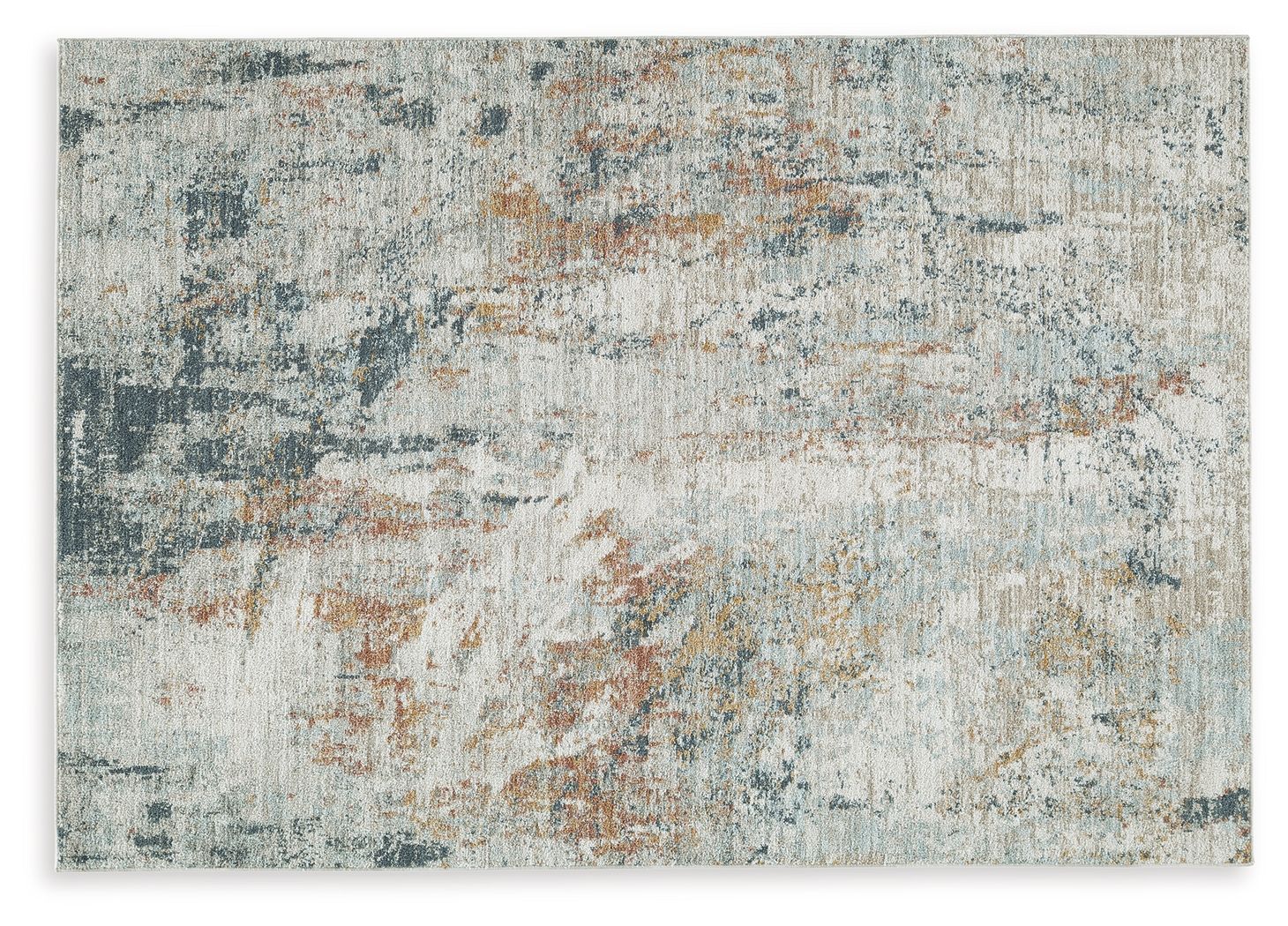 Distressed area rug, close-up of mottled light gray/blue with orange and teal flecks