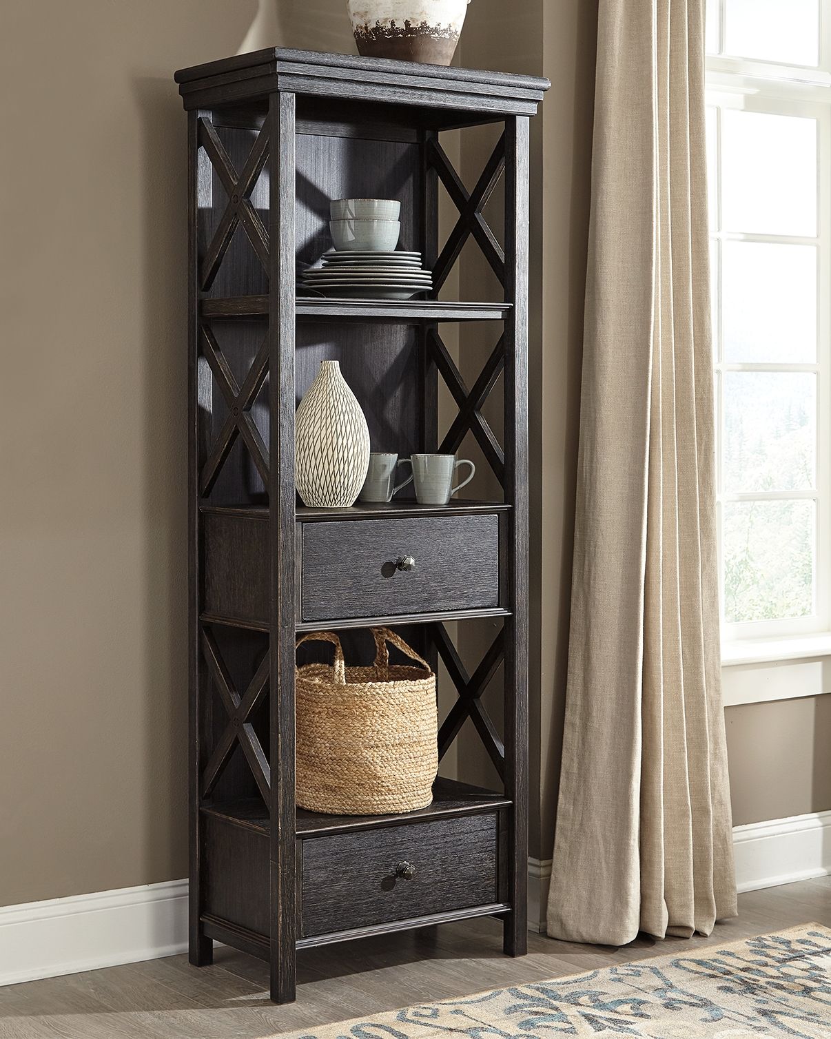 Dark gray display cabinet with open shelves, X-frame sides, and three drawers