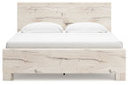 Beige panel bed frame with white upholstered panels and arched headboard