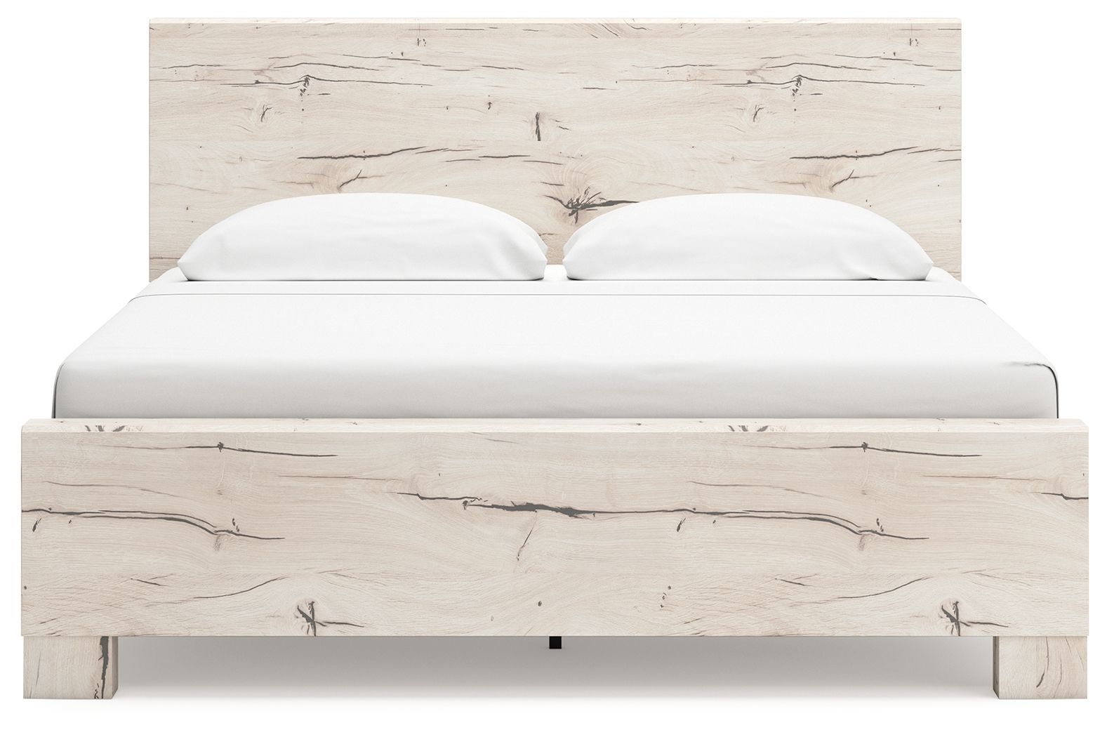 Beige panel bed frame with white upholstered panels and arched headboard