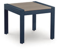 Rectangular cocktail table, blue frame, wood-tone top, four legs