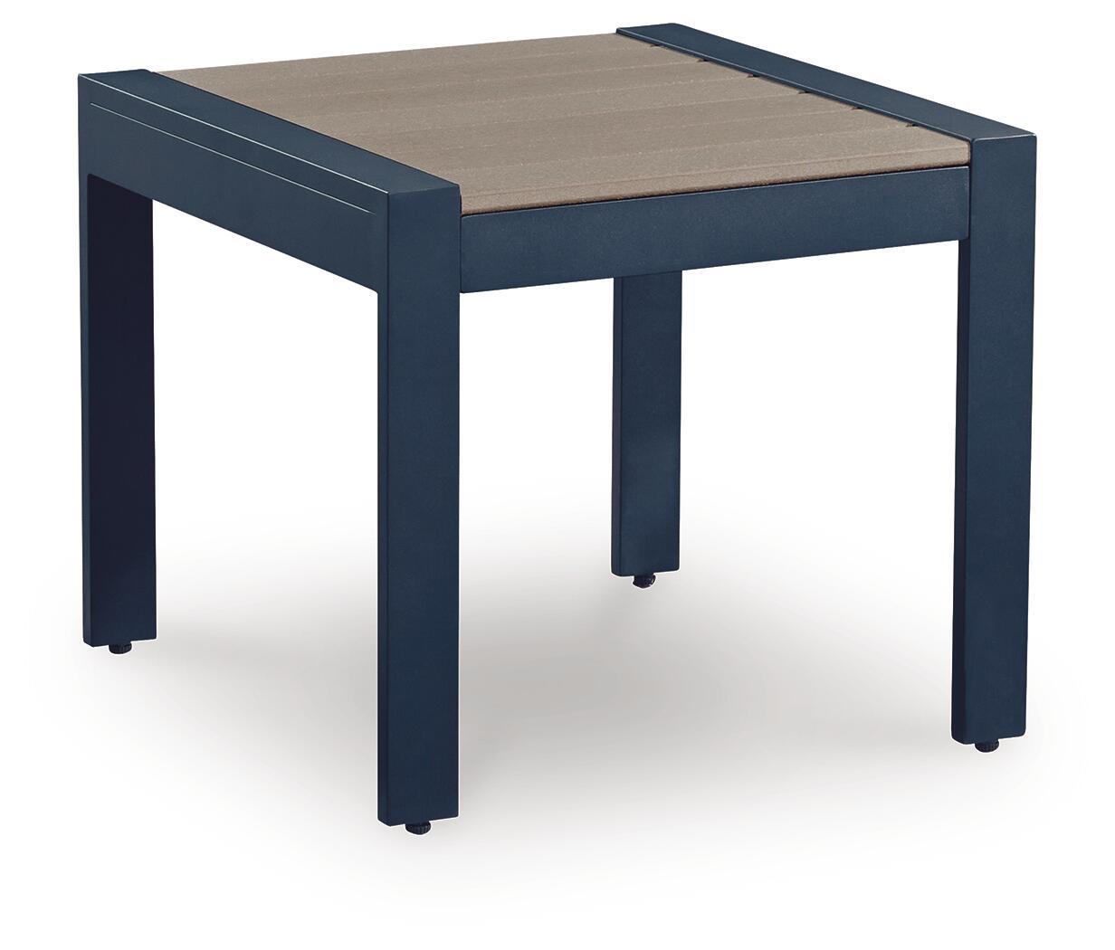 Rectangular cocktail table, blue frame, wood-tone top, four legs