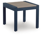 Rectangular cocktail table, blue frame, wood-tone top, four legs