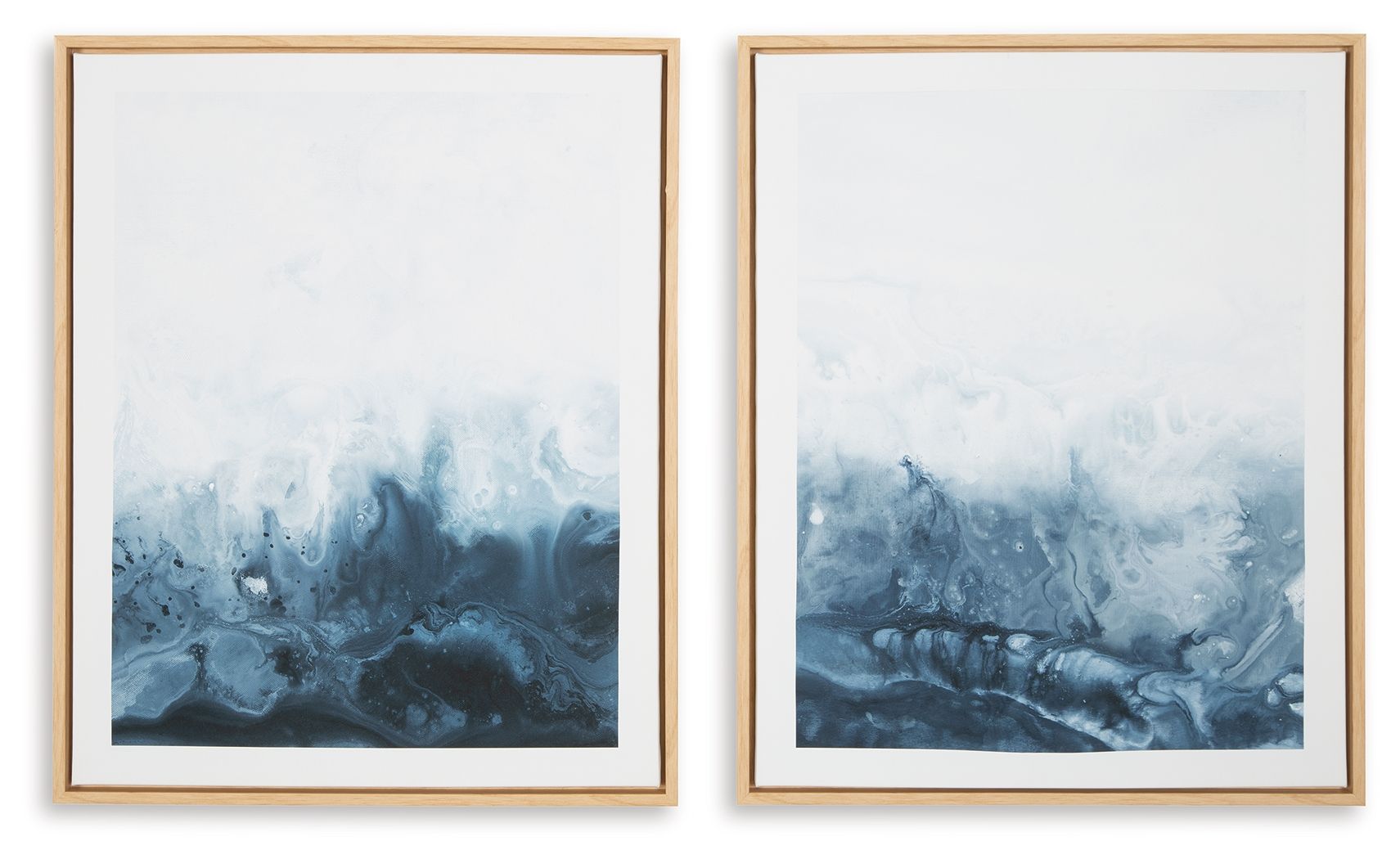 Set of 2 framed abstract blue wall prints with pale sky tones and dark water