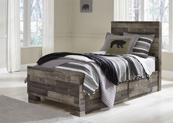 Dark gray panel bed frame with footboard drawer storage and upholstered headboard