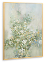 Framed wall art with pale blue background and green-yellow floral abstract dots