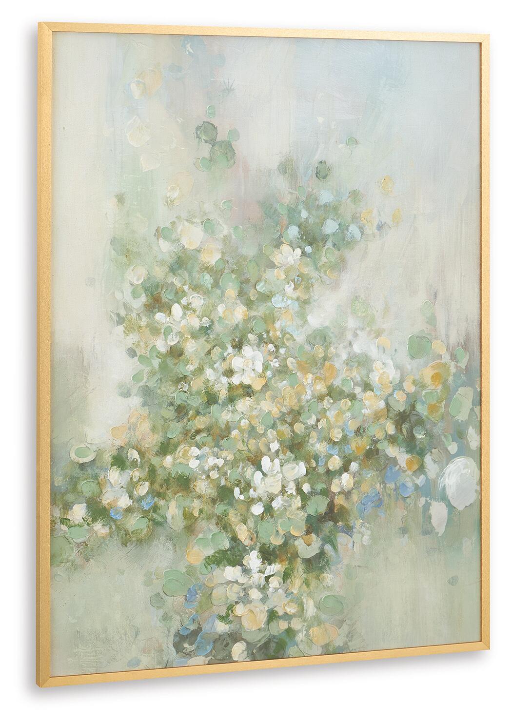 Framed wall art with pale blue background and green-yellow floral abstract dots
