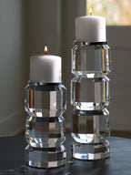 Faceted clear glass candle holder set of 2 with pillar candles and silver caps