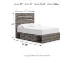 Dark gray storage bed with slatted headboard and two drawers beneath a white mattress