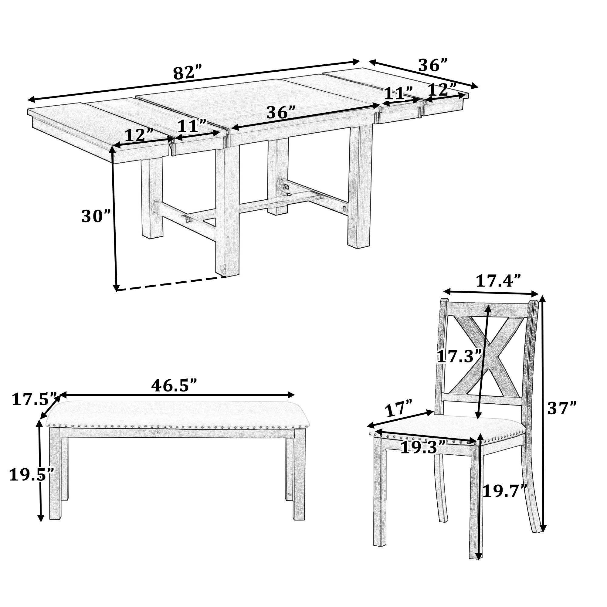 82" Farmhouse Dining Table Set, 6-Piece