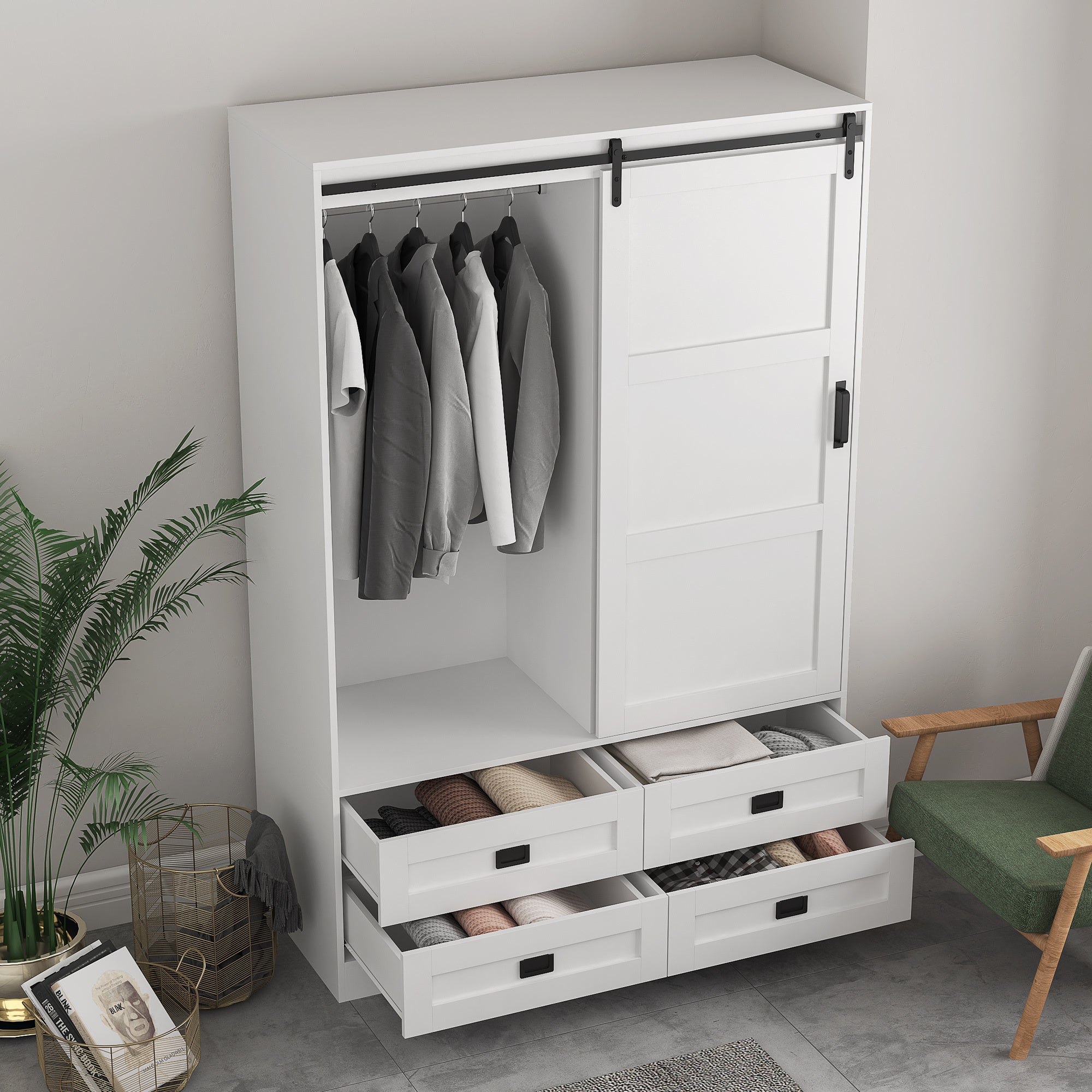 Rustic Armoire Wardrobe with Hanging Rod & Drawers
