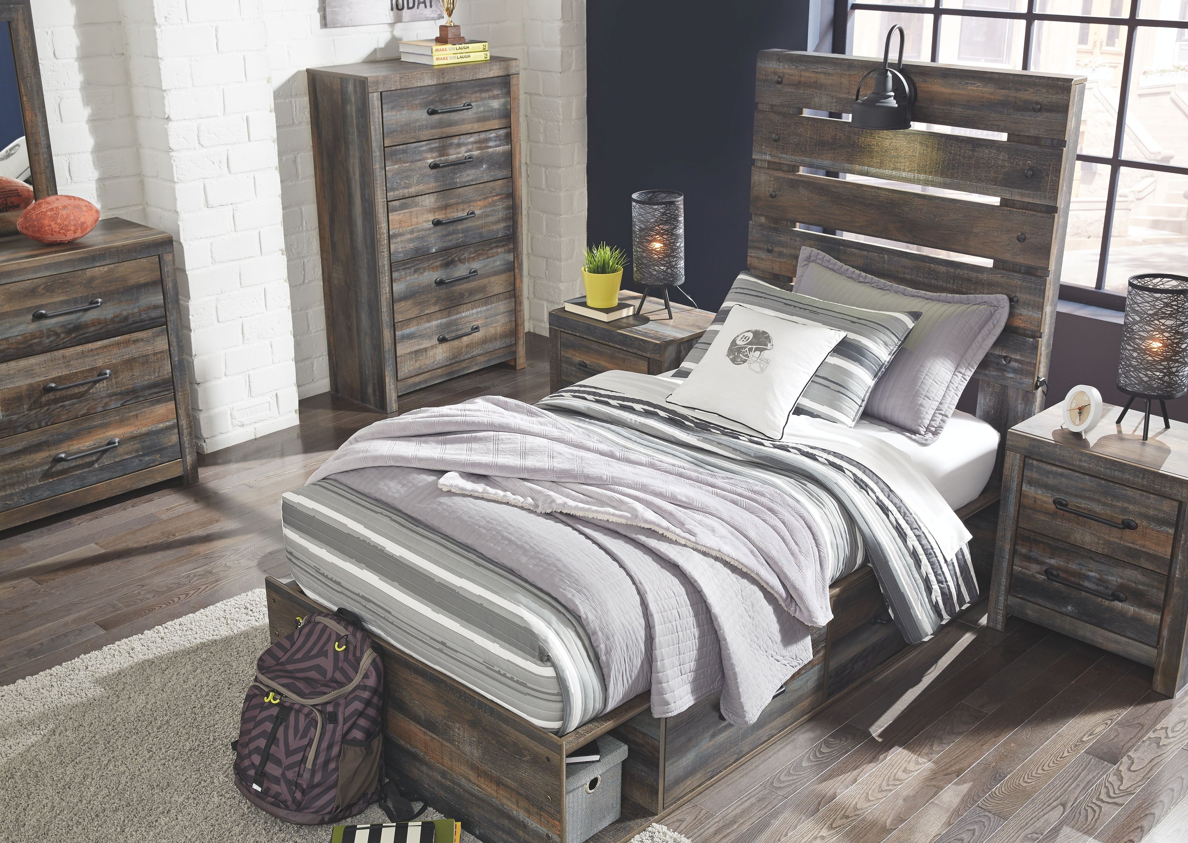 Youth panel bedroom set with wood bed frame and two matching nightstands with drawers