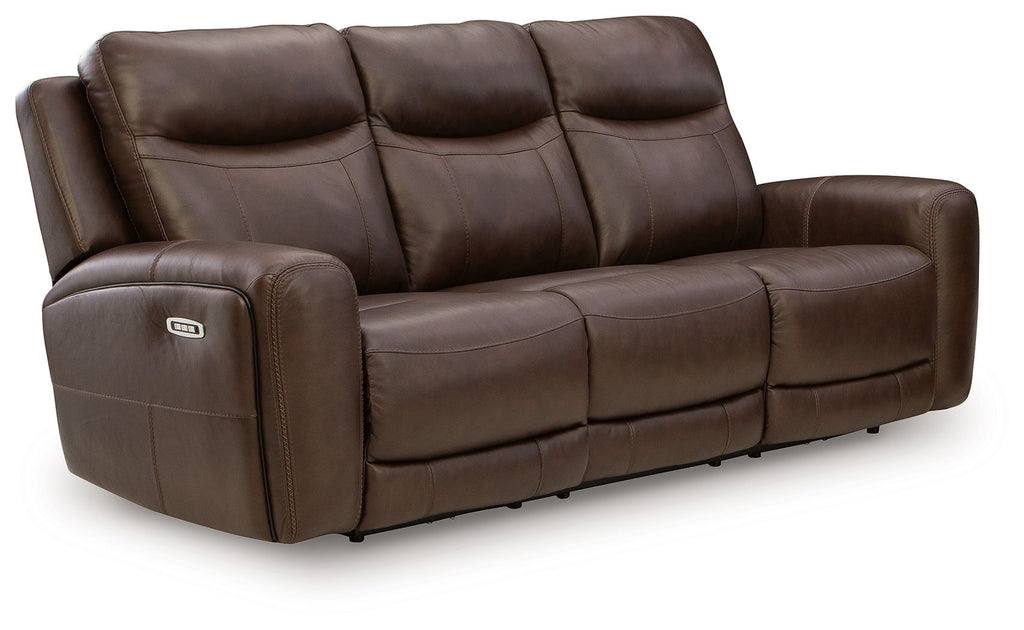 Gravier power reclining sofa with adjustable headrests, dark brown leather, cushioned arms