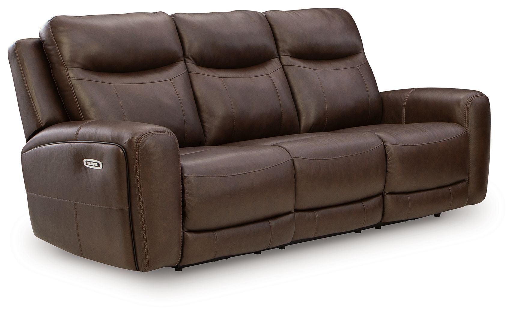 Gravier power reclining sofa with adjustable headrests, dark brown leather, cushioned arms
