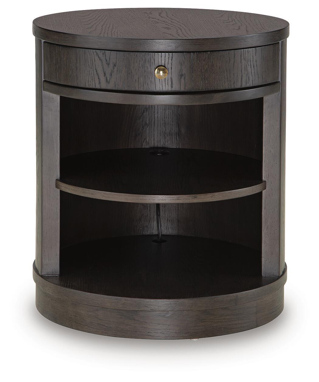Dark brown accent table with round top, drawer, and curved open shelves
