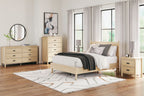 Bedroom set: platform bed with white bedding, matching dressers, light beige wood