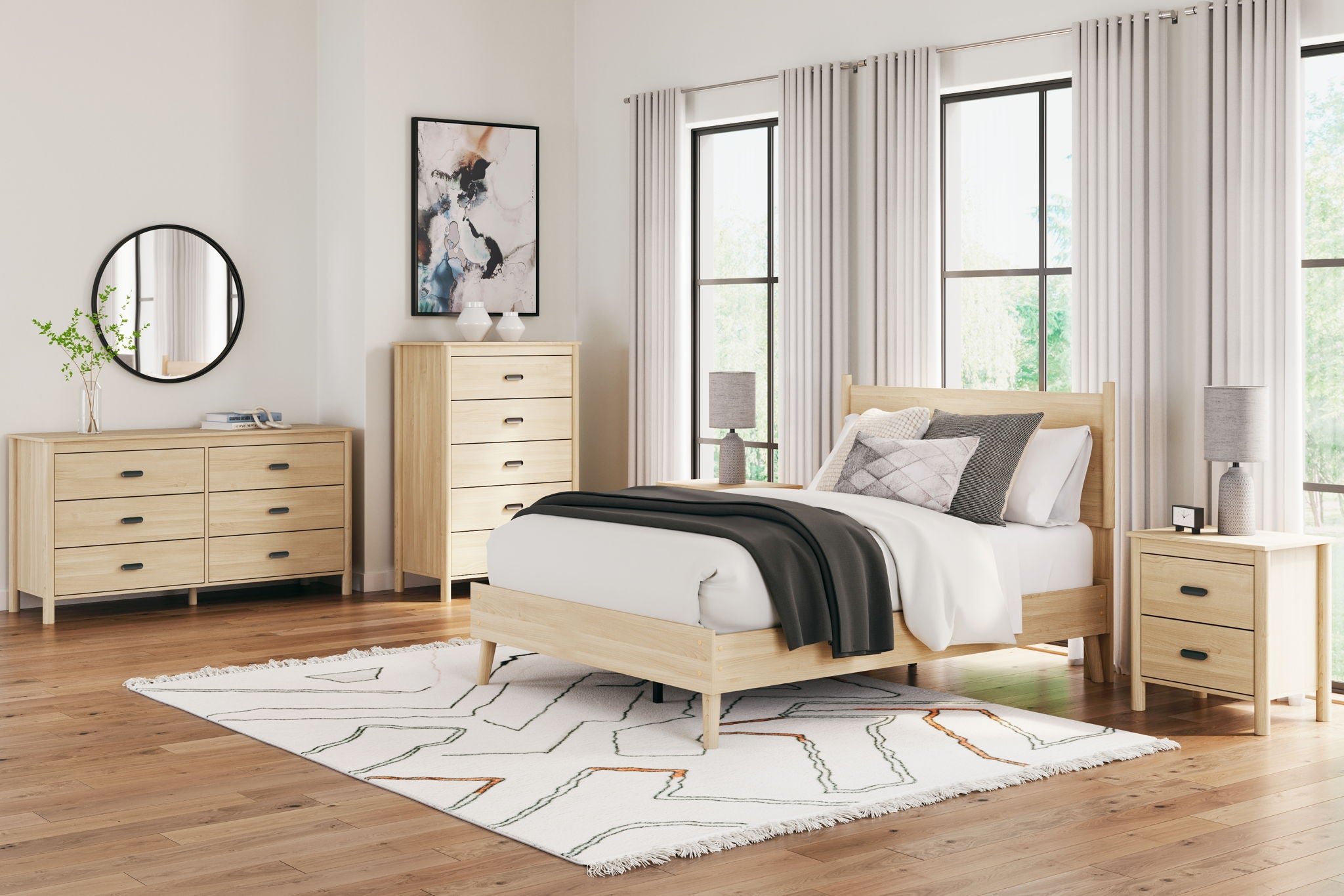 Bedroom set: platform bed with white bedding, matching dressers, light beige wood