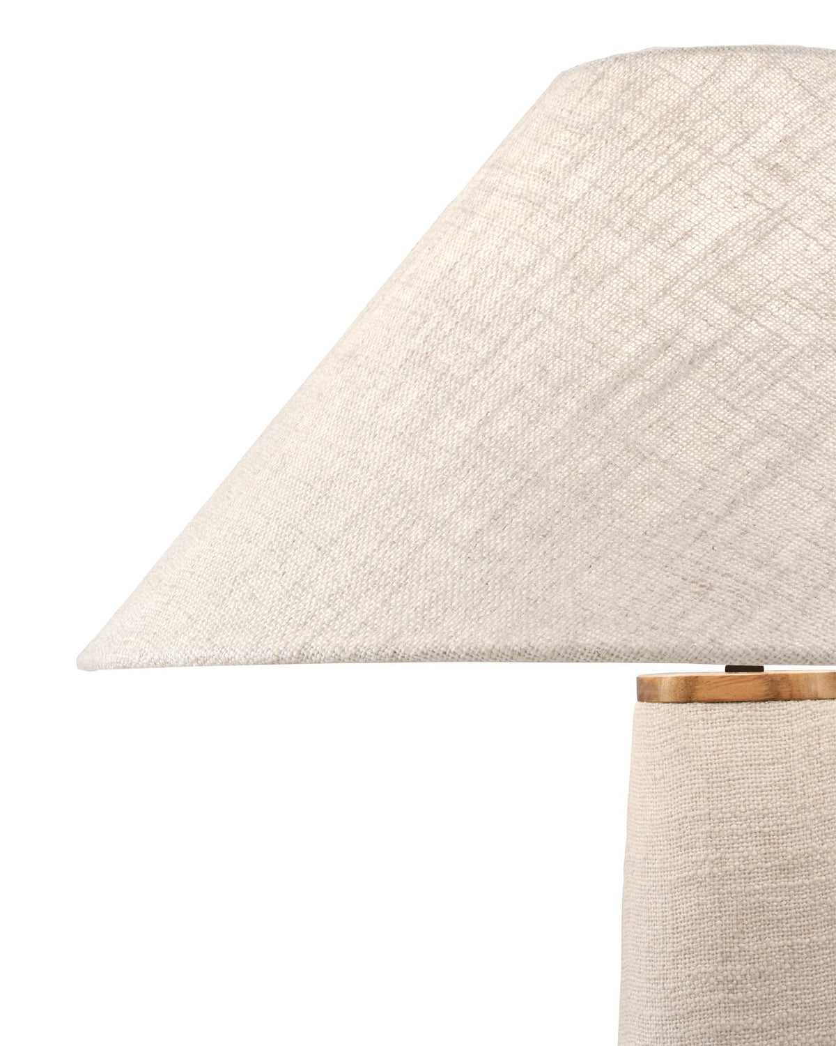 Beige fabric lampshade detail with wood-toned top ring and metal stem